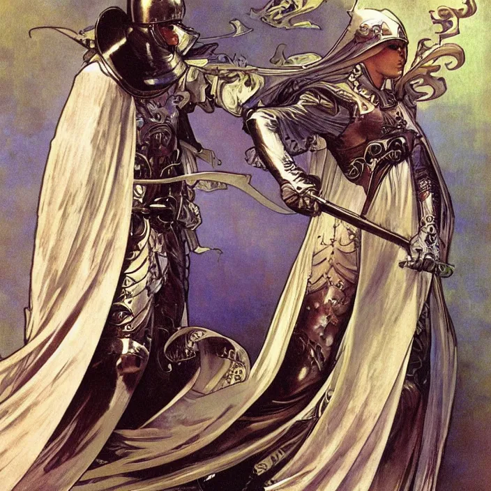 Prompt: teutonic knight, full body, high fashion, latex, rubber, sharp, flowing, slick, highly detailed, motion, concept art, smooth, sharp focus, hd, art by alphonse mucha and bruce pennington and annie leibovitz