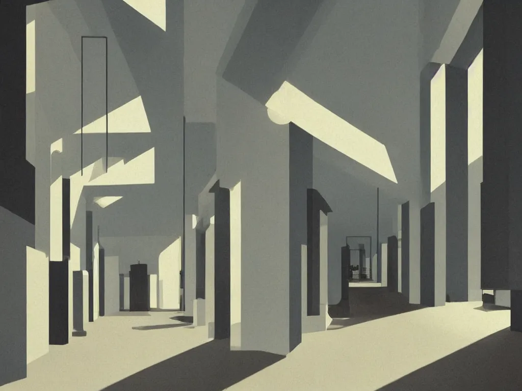 Image similar to colorful minimalist industrial interior hallway with monolithic pillars in the style of ridley scott and stanley kubrick, impossible stijl architecture, science fiction, lone silhouette in the distance, ultra wide angle view, cinematic, noir, god rays, volumetric lighting, realistic detailed painting by edward hopper