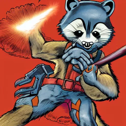 Prompt: rocket raccoon devouring the heart of god, horror art