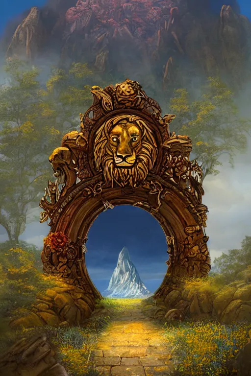 Image similar to A giant medieval fantasy energy portal gate with a rusty gold carved lion face with blue glowing eyes at the center of the gate, the portal takes you to another world, full of colorful flowers on the lost Vibes and mountains in the background, spring, delicate fog, sea breeze rises in the air, by andreas rocha and john howe, and Martin Johnson Heade, featured on artstation, featured on behance, golden ratio, ultrawide angle, f32, well composed, rule of thirds, center spotlight, low angle view