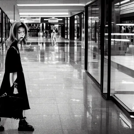 Image similar to a closeup portrait of woman walking in mall alone in style of 1990s, street photography seinen manga fashion edition, focus on face, eye contact, tilt shift style scene background, soft lighting, Kodak Portra 400, cinematic style, fish-eye lens, telephoto