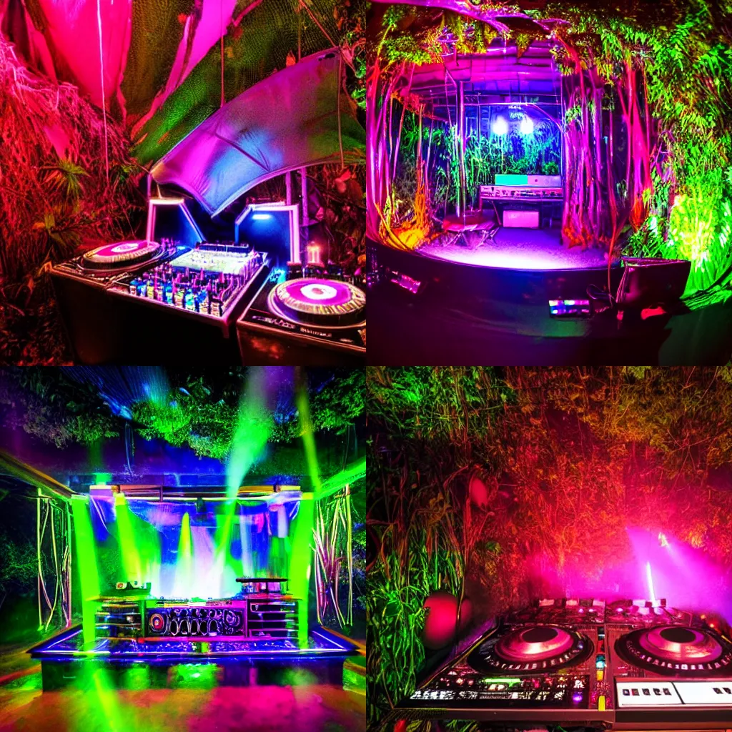 Prompt: a dj booth in the jungle at night dramatic colored lights