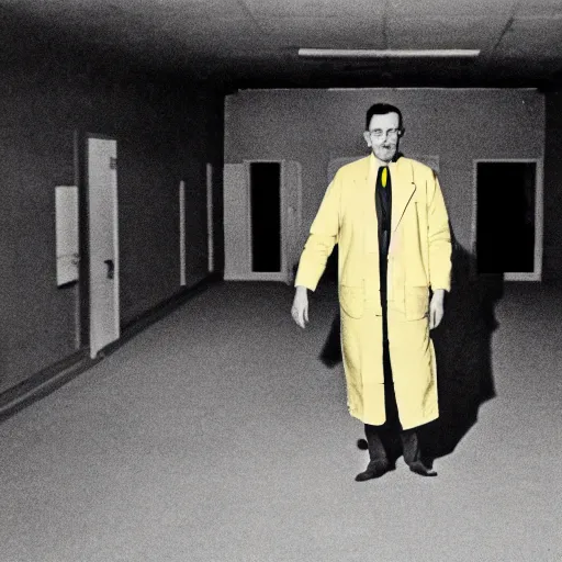 Image similar to a 1 9 5 0 s male scientist wearing a lab coat standing lost in the backrooms, mono - yellow old moist carpet, empty liminal space, very dark shadows, broken fluorescent lighting, horror movie scene, film grain