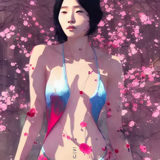 Prompt: lee jin - eun in tempting luxurious space slim suit emerging from pink water in cyberpunk theme by greg rutkowski, claude monet, conrad roset, takato yomamoto, james jean, rule of thirds, seductive look, beautiful, sakura flowers, drinking wine, refined, masterpiece