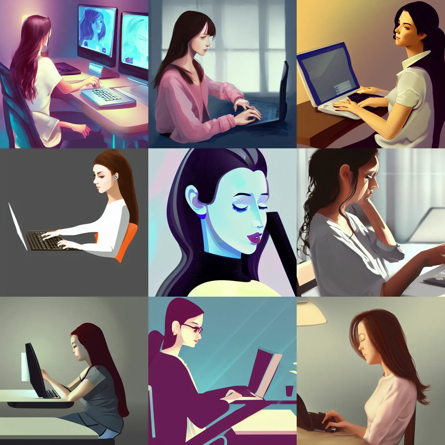 Prompt: portrait of a young woman typing on computer, artstation