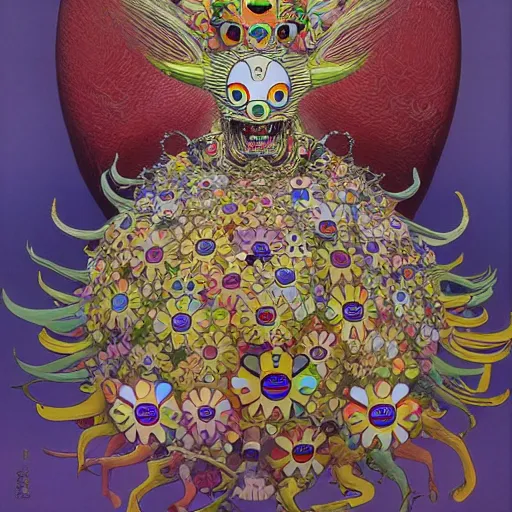 Image similar to the queen's true form by takashi murakami and zdzisław beksiński, full body, oil on canvas, intricately detailed artwork, full 8k high quality resolution, recently just found unknown masterpiece