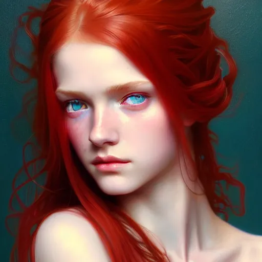 Prompt: portrait of teenage girl with long glossy red hair, blue eyes, glowing skin, fashion model features, fantasy, intricate, elegant, dress shirt and tie, highly detailed, digital painting, artstation, concept art, smooth, sharp focus, illustration, art by Krenz Cushart and Artem Demura and alphonse mucha