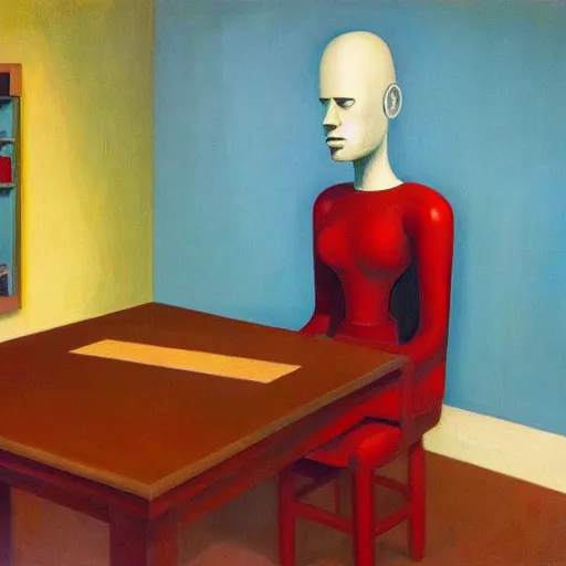 Image similar to robot therapist, portrait, grant wood, pj crook, edward hopper, oil on canvas