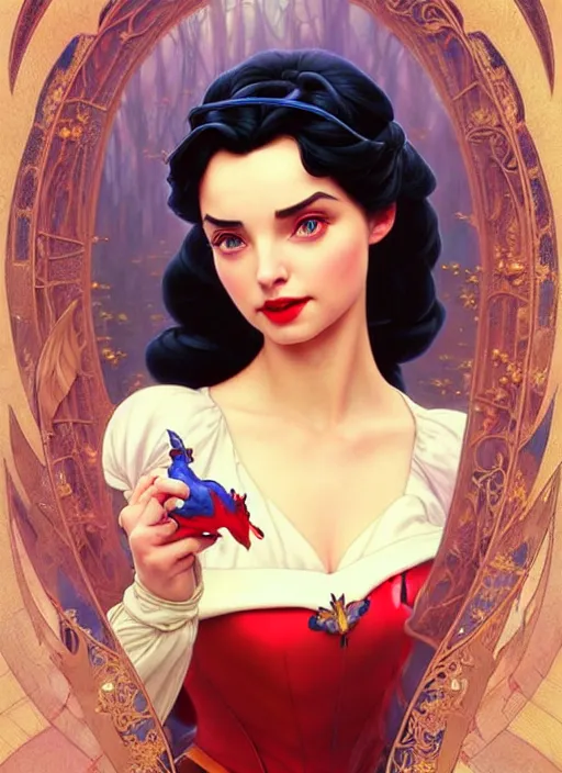 Image similar to disney snow white ( ( ana de armas ) ), dreamscape, girl, masterpiece, intricate, elegant, highly detailed, my rendition, digital painting, artstation, concept art, smooth, sharp focus, illustration, art by artgerm and greg rutkowski and alphonse mucha and uang guangjian and gil elvgren and sachin teng, symmetry!!