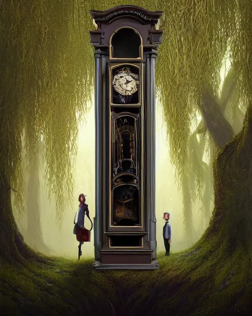 Image similar to highly detailed surreal vfx portrait of a cursed grandfather clock in a shadowy forest by a willow tree, stephen bliss, unreal engine, greg rutkowski, loish, rhads, beeple, makoto shinkai and lois van baarle, ilya kuvshinov, rossdraws, tom bagshaw, alphonse mucha, global illumination, detailed and intricate environment