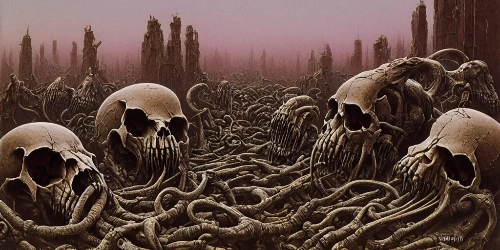 Image similar to wasteland of malformed mammal skulls, Zdzislaw Beksinski, Wayne Barlowe, Joe Fenton, gothic, cosmic horror, dystopian, biomorphic, lovecraftian, amazing details, cold hue's