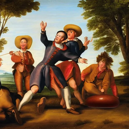 Image similar to cowboys having a water balloon fight, hyper realistic, 1 7 0 0 s style renaissance painting