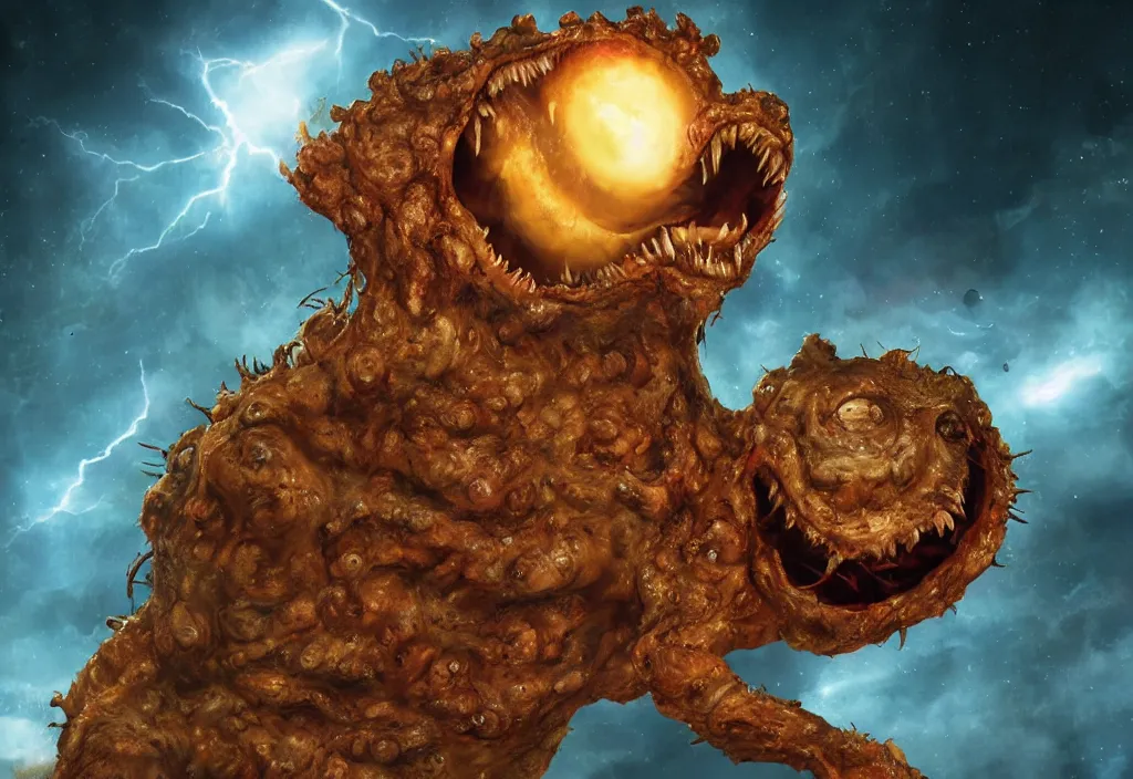 Image similar to eldritch horror bloody garfield in space, hd, 8 k, giant, epic, realistic photo, unreal engine, prophecy, powerful, cinematic lighting, destroyed planet, debris, violent, sinister, ray tracing, dynamic, epic composition, dark, horrific, teeth, grotesque, monochrome drawing, hellscape, corpses, foreboding, lightning, garfield cartoon eyes