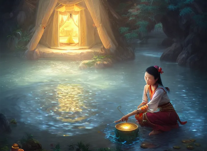 Prompt: full portrait of asian mage merchant doing water magic at her tent. intricate, elegant, highly detailed, digital painting, artstation, concept art, smooth, sharp focus, illustration, by justin gerard and artgerm, 8 k