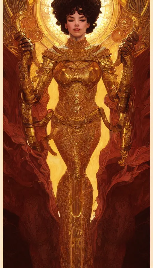 Prompt: masterpiece, aries fiery ram tarot, holy light, intricate armor, elegant, highly detailed, digital painting, artstation, concept art, smooth, sharp, focus, illustration, art by artgerm , james jean, gustav klimt, greg rutkowski, and alphonse mucha