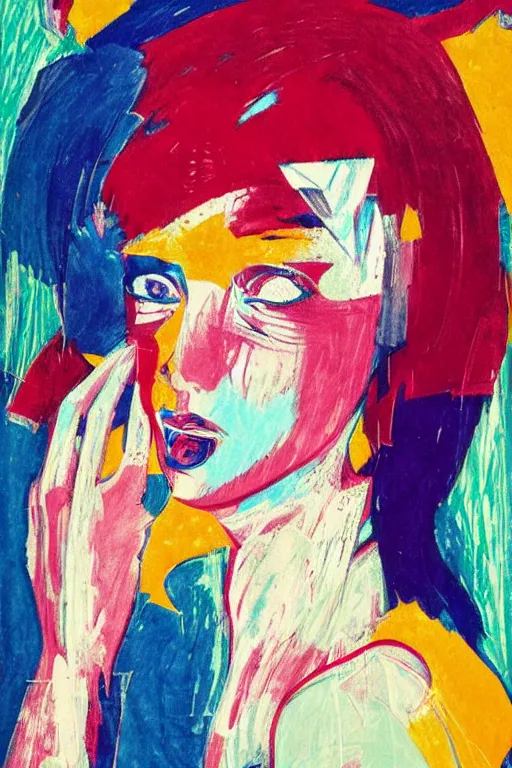 Image similar to 🤤 girl portrait, abstract, rich in details, broken composition, coarse texture, concept art, visible strokes, colorful, art by Kirchner, Gaughan, Caulfield, Aoshima, Earle