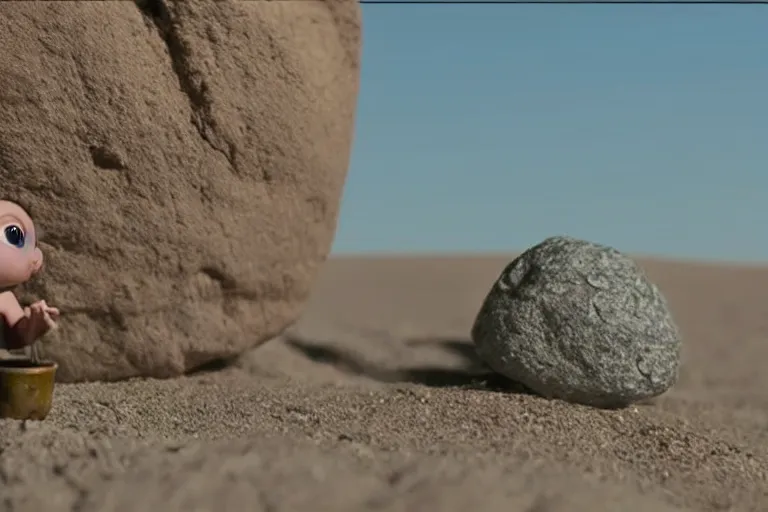 Image similar to vfx movie scene closeup adorable curios tiny little baby alien creature in moon desert eating a rock. by emmanuel lubezki