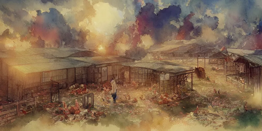 Prompt: a beautiful insanely intricate watercolor illustration of a poultry farm, colorfull, by william turner art, by greg rutkowski, by james jean, by rossdraws, by frank franzzeta, by sakimichan, by edmund dulac, trending on artstation, insanely detailed, masterpiece,