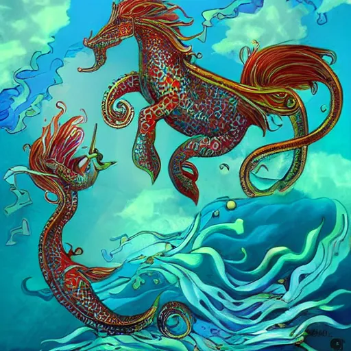 Image similar to merfolk riding seahorses, trending on artstation, colorful, intricate, art by aurore folny and senjon 津