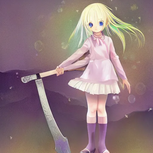 Image similar to advanced digital anime art, WLOP , a small school girl with silver hair wearing a violet dress and bare feet carrying a gigantic axe over the shoulder looking unimpressed , DOF, Gaussian Blur, —W 1920