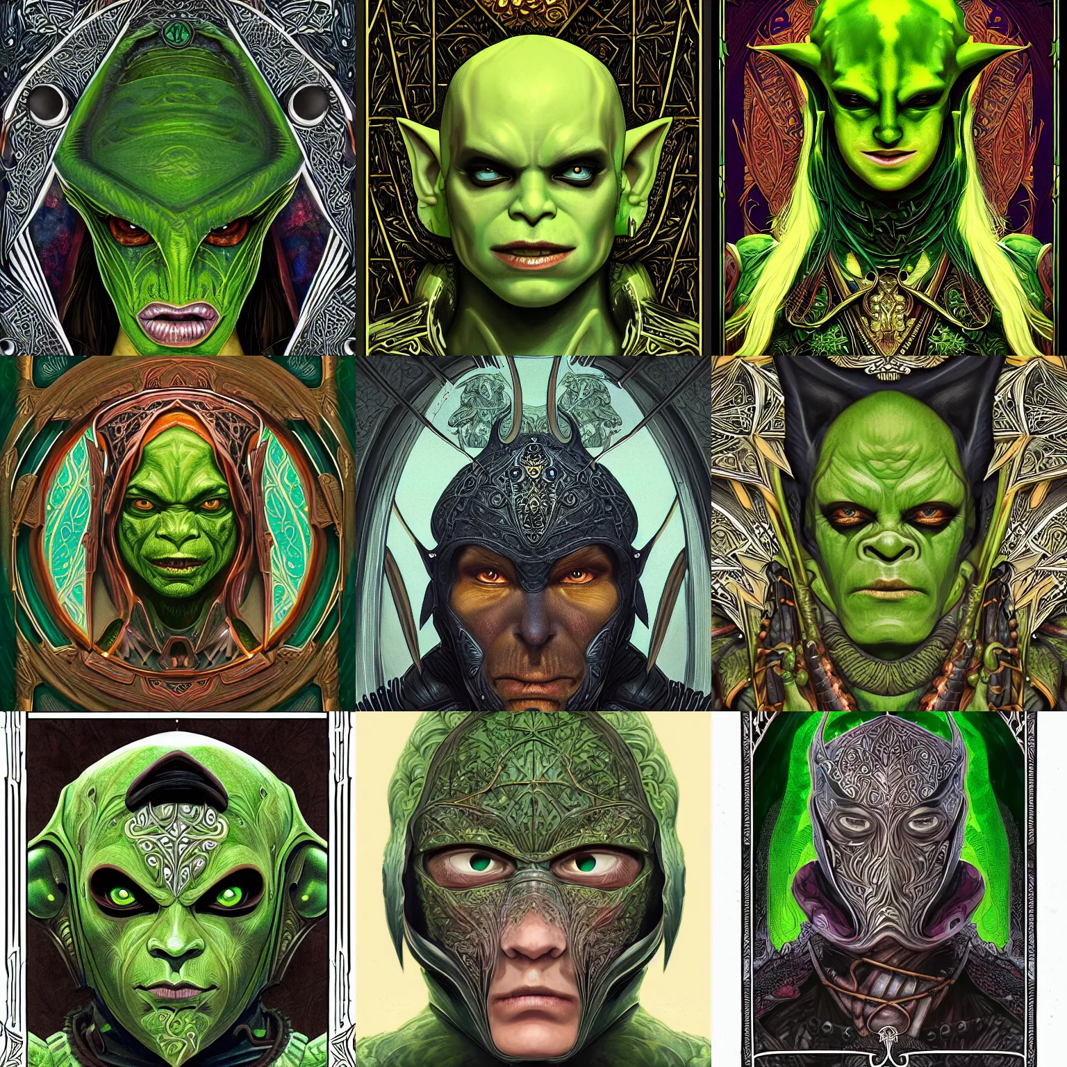 Prompt: head-on symmetrical centered painted portrait, green-skinned goblin assassin, black leather armour, art nouveau, tarot card style, complex fractal tarot card background, fantasy, intricate, elegant, highly detailed, smooth, sharp focus, illustration, artstation, in the style of Artgerm and Anna Podedworna and Alex Ross and Mucha