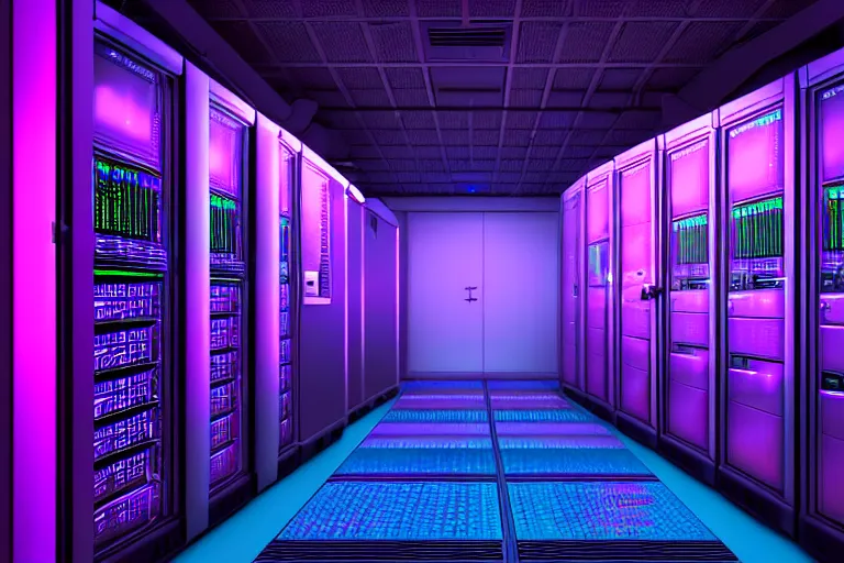 Prompt: realistic robot in a data server room, computers, neon and dark, purple and blue color scheme, by dan mumford, kirokaze and valenberg