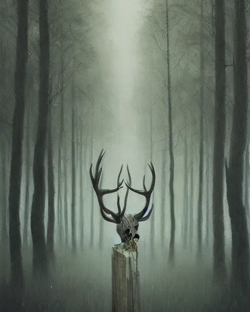 Image similar to oil painting of forest spirit made out of wooden sticks with a deer skull for a face, dark forest, fog, dark fantasy, gloomy, pale colors, by greg rutkowski