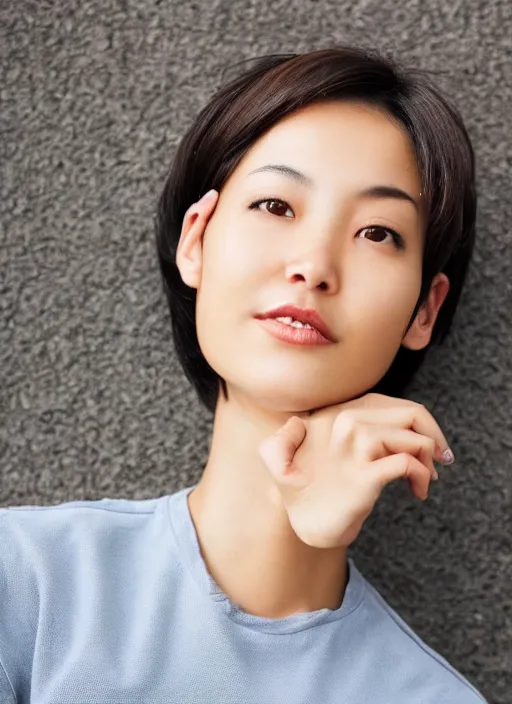 Prompt: beautiful slim tomboy with short black hair and asian eyes