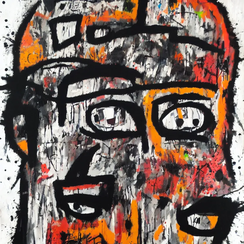 Prompt: gritty splattered punk painting of a geometric face with surprised expression on a black background, painted by basquiat. dark background. trending on artstation.