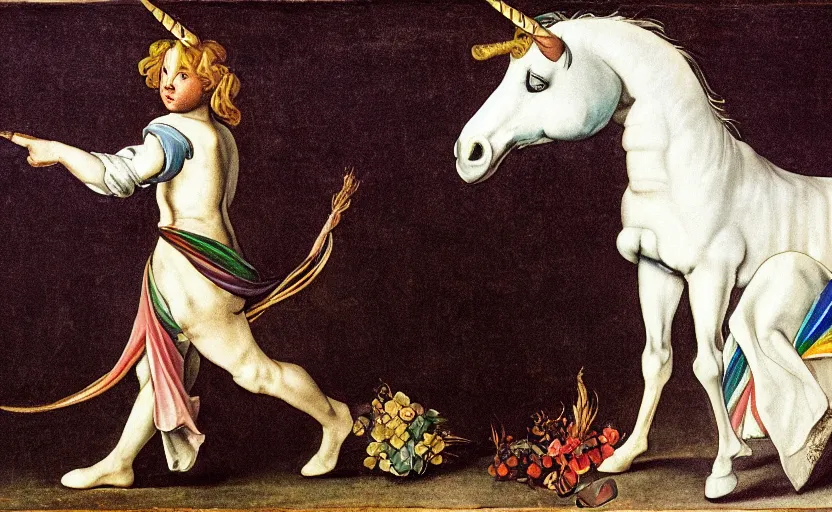Prompt: a unicorn walking on a rainbow in the style of Caravaggio