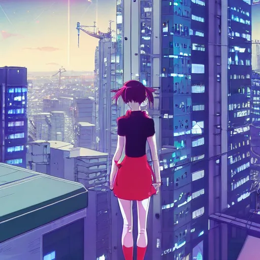 Image similar to a girl stands on top of a multi-storey building, anime style, 4k, cyberpunk city in the background, very detailed, by Ilya Kuvshinov