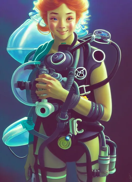 Image similar to cute scuba diver, natural lighting, path traced, highly detailed, high quality, digital painting, by don bluth and ross tran and studio ghibli and alphonse mucha, artgerm