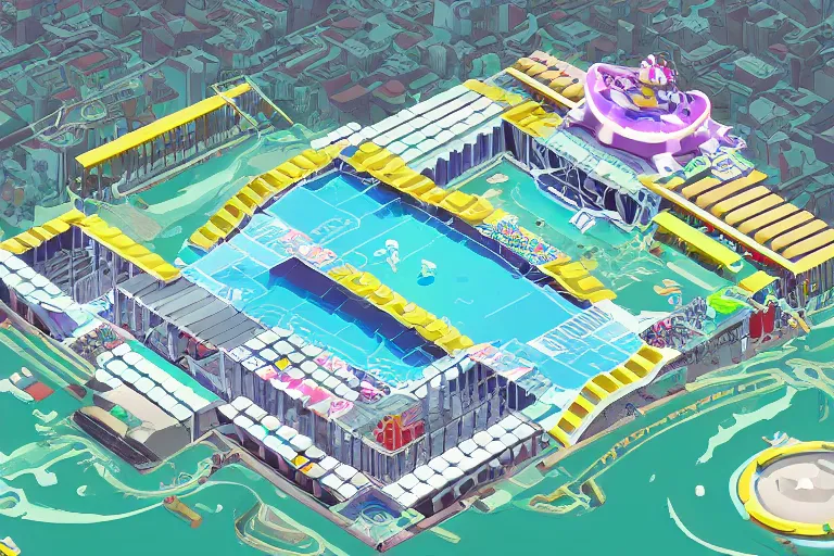 Image similar to isometric view of a multi - leveled high - tech arena floating in the sky, inspired by modern skate parks and modern chinese playgrounds in the style of splatoon, day