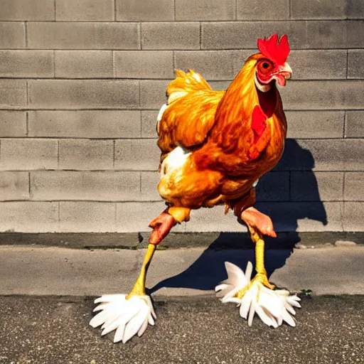 Image similar to chicken dressed as an inmate, real photography, police statiom