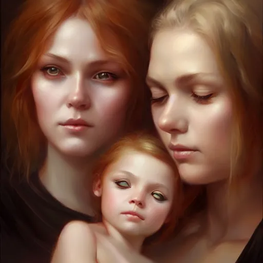 Prompt: love is patient love is kind, mother and child ; photorealistic oil painting by charlie bowater and mark blooms ; highly detailed cute faces by wlop ; trending on artstation
