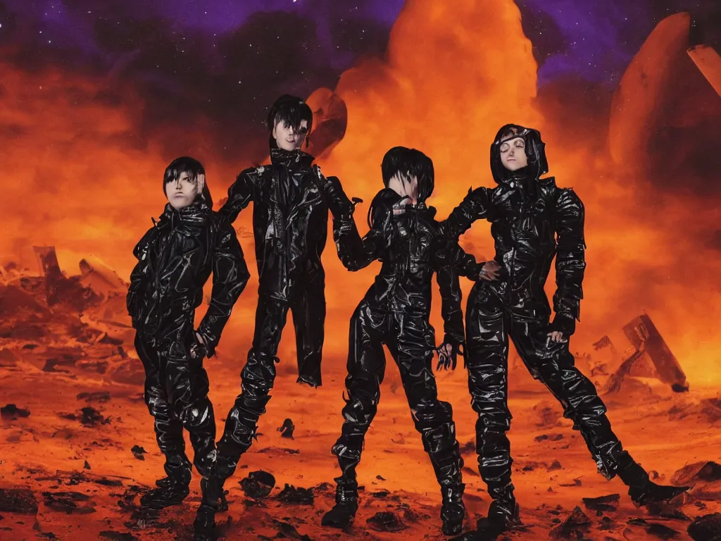 Prompt: portrait of one scrawny and one overweight teenager with emo haircuts wearing gothy purple and black spandex clothes, standing next to smashed burning spacecraft wreckage, on the orange surface of mars, highly detailed, dramatic lighting, photorealistic, cinematic