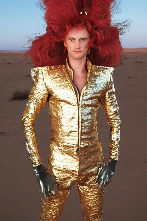 Image similar to portrait davis taylor brown dressed in 1 9 8 1 space fantasy fashion, avante garde, shiny metal, standing in a desert