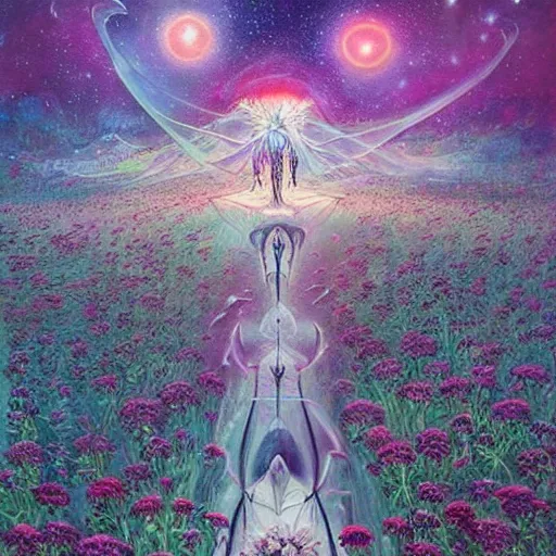Prompt: a beautiful painting of a large alien shrine shrouded by mystic nebula magic in a field of flowers by moebius and android jones