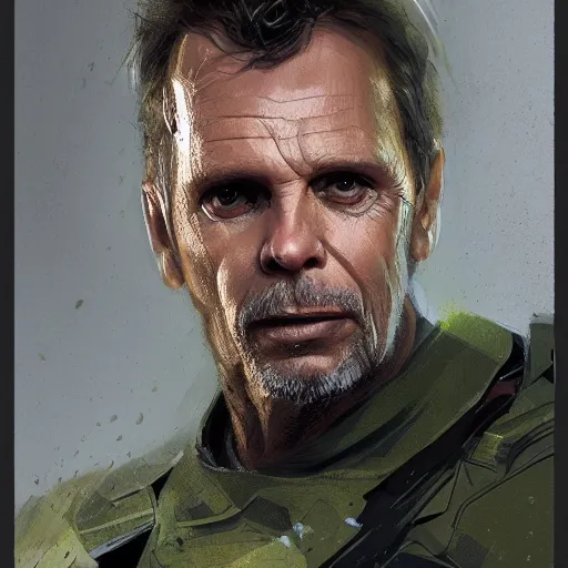 Prompt: portrait of superhero by greg rutkowski, michael biehn wearing a olive green and black kevlar gear, highly detailed portrait, digital painting, artstation, concept art, smooth, sharp foccus ilustration, artstation hq