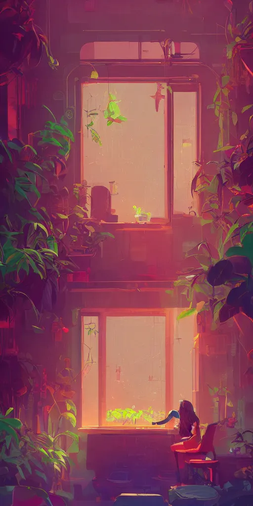 Prompt: interior of a room with a lush windowsill with plants on it, neon signs outside, detailed digital concept art by anton fadeev, John Howe, and marc simonetti, trending on artstation