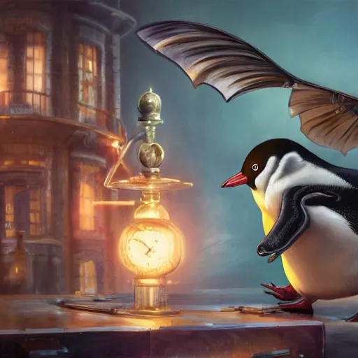 Image similar to oil painting of rich steampunk penguin, wearing top hat, steampunk factory background, hamster running in the background, sharp focus, fantasy style, octane render, volumetric lighting, 8k high definition, by greg rutkowski, highly detailed, trending on art Station, magic the gathering artwork, centered