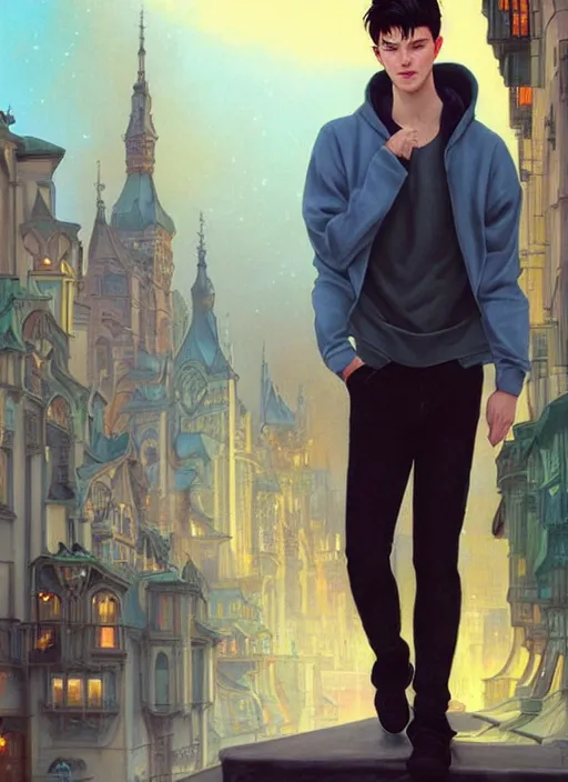 Prompt: handsome young man with short black hair, glowing light blue eyes, pale skin, wearing jeans and a black hoodie, detailed night time cityscape background, realistic painting by ross tran and gerald brom and alphonse mucha, ilya kuvshinov, svetlana tigai, artgerm, trending on artstation