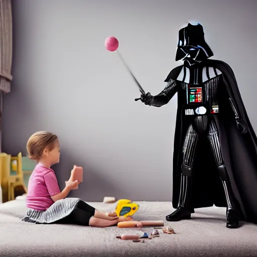 Image similar to darth vader playing with female dolls in his room, photorealistic image