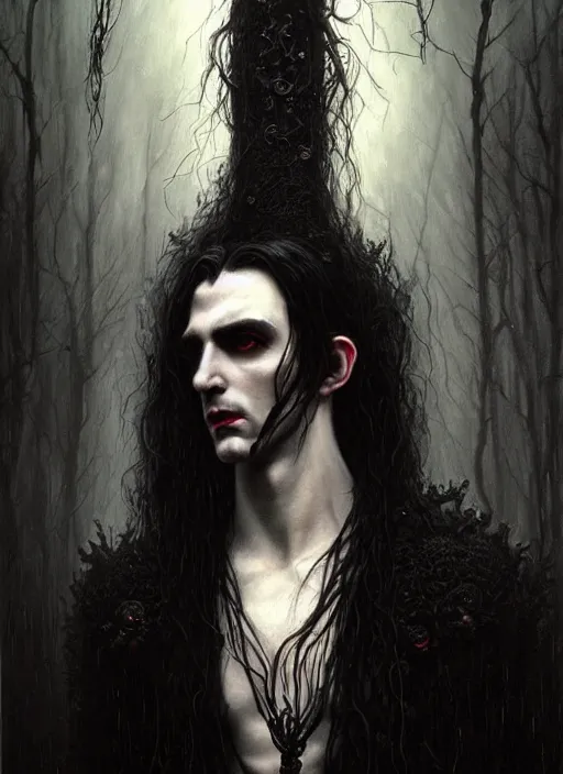 Prompt: highly detailed oil painting | very intricate | cinematic lighting | black, white and blood color scheme, dark background | portrait of a exquisite beautiful vampire man with long elegant tangles of black hair, eyes, gothic fog ambience, hyper realistic head, fantasy victorian art, in the style of greg rutkowski, zdizslaw beksinski, intricate, alphonse mucha