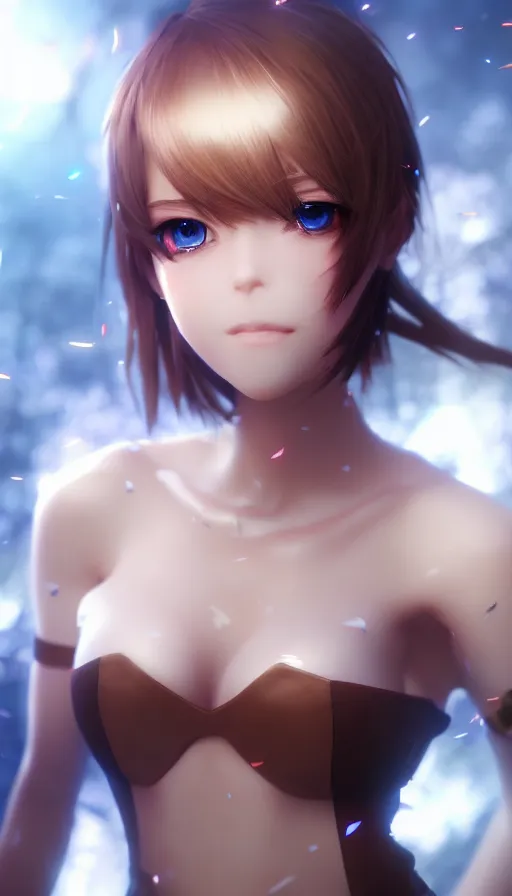 Image similar to render as a very beautiful 3d anime woman with short brown hair, blue eyes, heavy makeup, short smile, cinematic lightning, highly detailed, trending on Artstation, Unreal Engine 4k, cinematic wallpaper