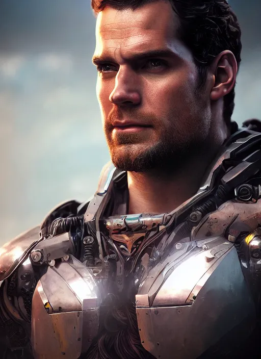 Prompt: An epic fantasy comic book style portrait painting of Henry Cavill as ‘The Cyborg’, Unreal 5, DAZ, hyperrealistic, octane render, cosplay, RPG portrait, dynamic lighting