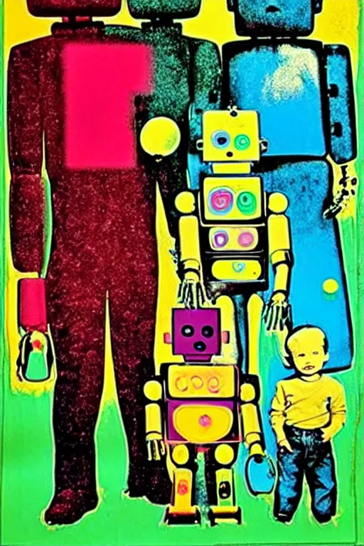 Prompt: ( ( ( ( ( a robot family in the forest garden with soap bubbles, pop art ) ) ) ) ) by andy warhol and bill sienkiewicz!!!!!!!!!!!!!!!!!!!!!!!!!!!!!!