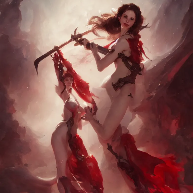 Prompt: portrait of felicity jones as a beautiful pale laughing succubus maiden with sword, nimbus, red lighting, masterpiece 4 k digital illustration by ruan jia and mandy jurgens and artgerm, highly detailed, trending on artstation, award winning