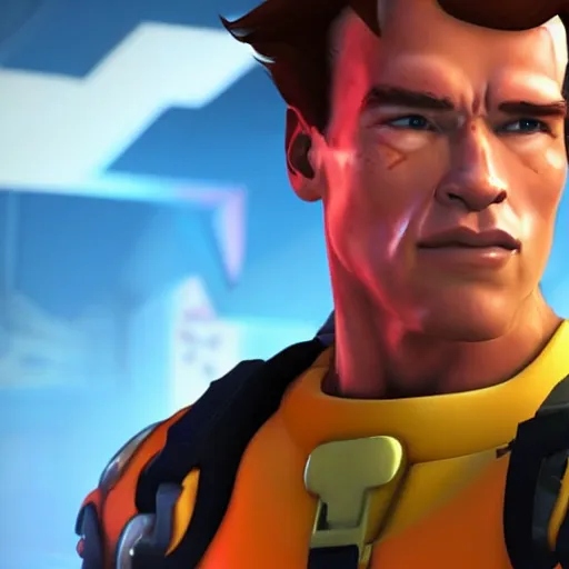 Image similar to a screenshot of arnold schwarzenegger as tracer in overwatch