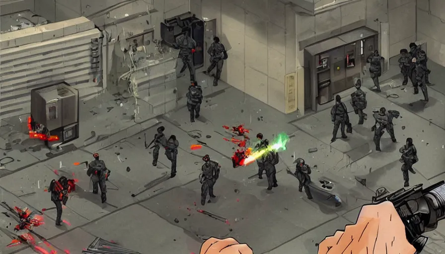 Prompt: 1990 Video Game Screenshot, Anime Neo-tokyo Cyborg bank robbers vs police, Set inside of the Bank, Open Bank Vault, Multiplayer set-piece Ambush, Tactical Squads :10, Police officers under heavy fire, Police Calling for back up, Bullet Holes and Realistic Blood Splatter, :10 Gas Grenades, Riot Shields, Large Caliber Sniper Fire, Chaos, Akira Anime Cyberpunk, Anime Machine Gun Fire, Violent Action, Sakuga Gunplay, Shootout, :14 Cel Shaded :19 , Inspired by Intruder :10 Created by Katsuhiro Otomo + Capcom: 19,